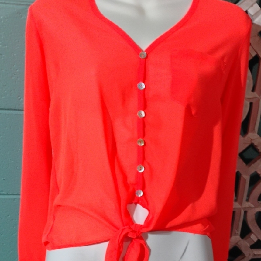 Bright Orange Button-Down Shirt with Tie And Mother Of Pearl Sea Shell Buttons